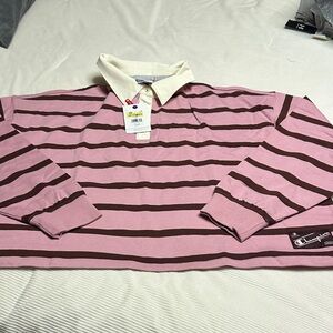 Champion Pink and Brown Striped Shirt with White Collar